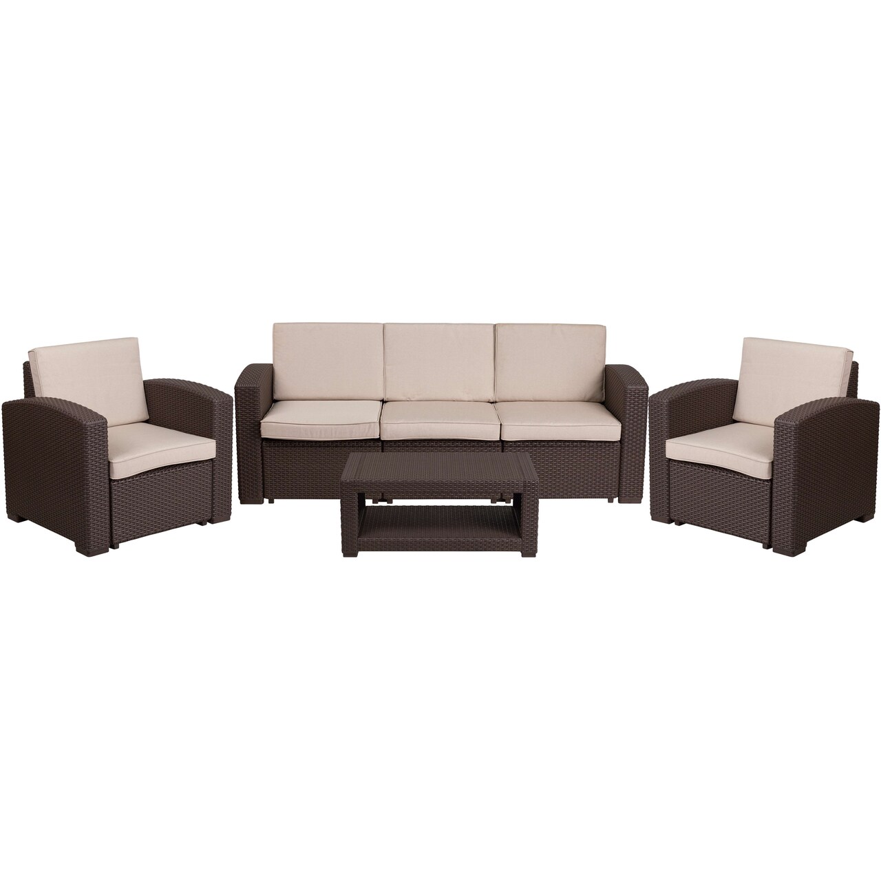 Merrick Lane Errol 4 Piece Faux Rattan Patio Furniture Set with 2 Chairs and Sofa with Removable Beige Cushions and Table